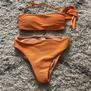 J. Crew ribbed bandeau Top & high-waist bottoms set Tangerine size small EUC